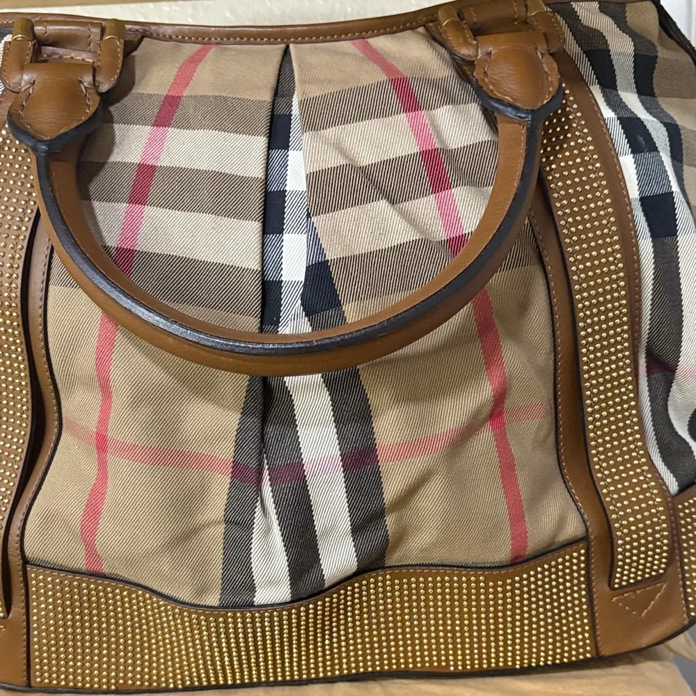 Burberry Tan and Brown Checkered studded Shoulder Bag - Picture 2 of 10